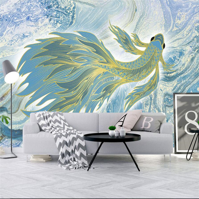 Duże malowidło ścienna z abstrakcyjną złotą linia rybki, w nowoczesnym i minimalistycznym stylu (tapeta samoprzylepna) - Wianko - 3