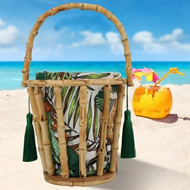 Pomponowa bambusowa torba na plażę ręcznie robiona dla kobiet - Wianko - 1