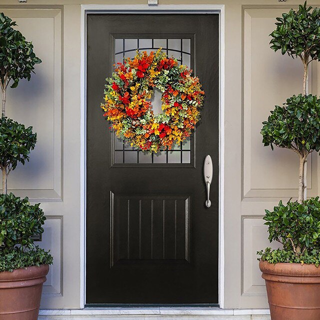 Wieniec Halloween z kolorowymi kwiatami i liśćmi klonu - dekoracje frontowe do drzwi, dziękczynienia, jesienne, dynie (DIY) - Wianko - 9