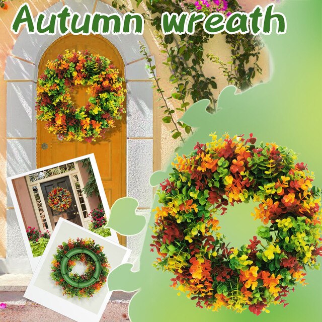 Wieniec Halloween z kolorowymi kwiatami i liśćmi klonu - dekoracje frontowe do drzwi, dziękczynienia, jesienne, dynie (DIY) - Wianko - 1