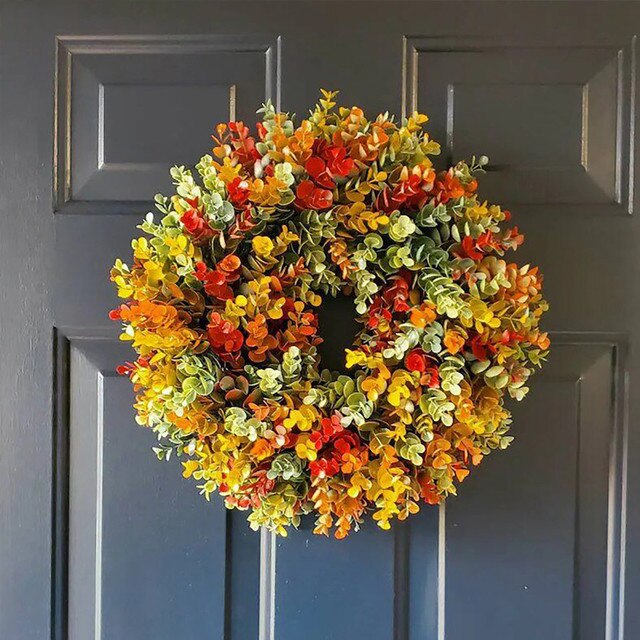 Wieniec Halloween z kolorowymi kwiatami i liśćmi klonu - dekoracje frontowe do drzwi, dziękczynienia, jesienne, dynie (DIY) - Wianko - 4