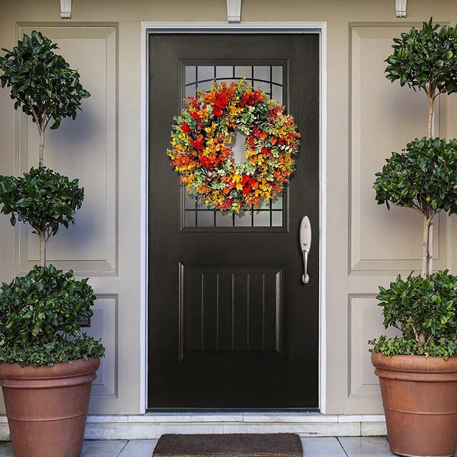 Wieniec Halloween z kolorowymi kwiatami i liśćmi klonu - dekoracje frontowe do drzwi, dziękczynienia, jesienne, dynie (DIY) - Wianko - 6