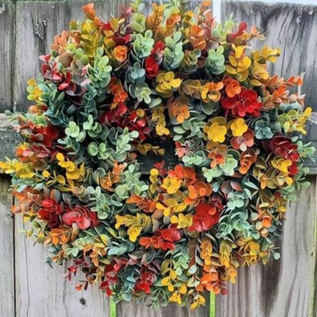 Wieniec Halloween z kolorowymi kwiatami i liśćmi klonu - dekoracje frontowe do drzwi, dziękczynienia, jesienne, dynie (DIY) - Wianko - 12