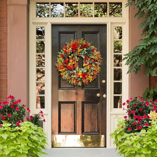 Wieniec Halloween z kolorowymi kwiatami i liśćmi klonu - dekoracje frontowe do drzwi, dziękczynienia, jesienne, dynie (DIY) - Wianko - 5