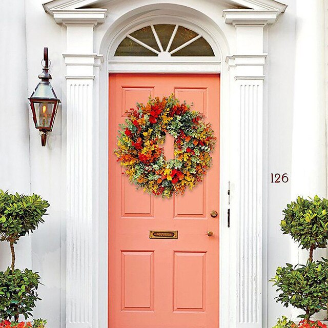 Wieniec Halloween z kolorowymi kwiatami i liśćmi klonu - dekoracje frontowe do drzwi, dziękczynienia, jesienne, dynie (DIY) - Wianko - 10