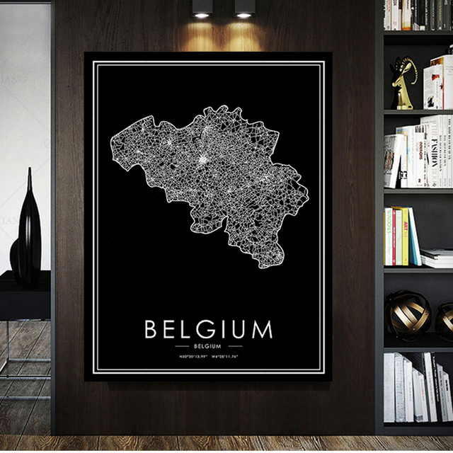 Mapa świata Belgia na płótnie czarno-biała z nadrukiem - dekoracyjna sztuka do domu, idealna dla dzieci - Wianko - 5