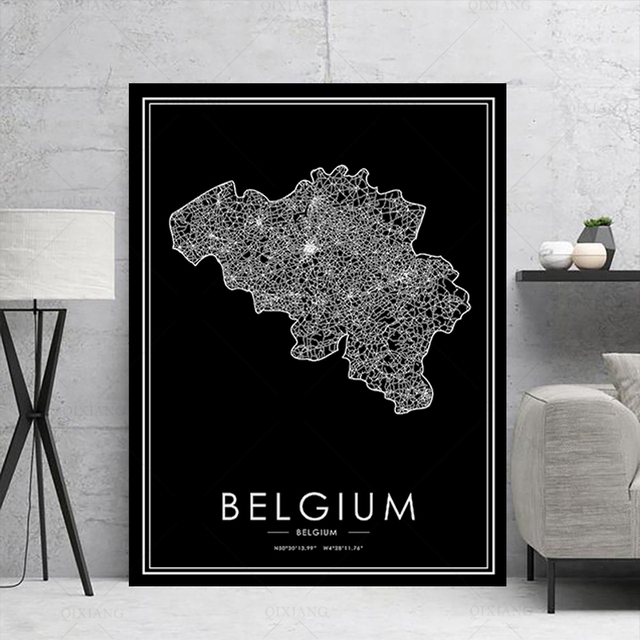 Mapa świata Belgia na płótnie czarno-biała z nadrukiem - dekoracyjna sztuka do domu, idealna dla dzieci - Wianko - 3