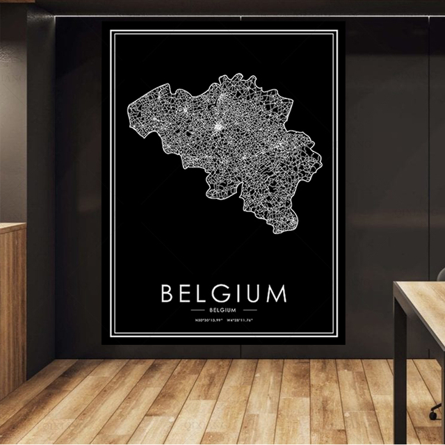 Mapa świata Belgia na płótnie czarno-biała z nadrukiem - dekoracyjna sztuka do domu, idealna dla dzieci - Wianko - 4