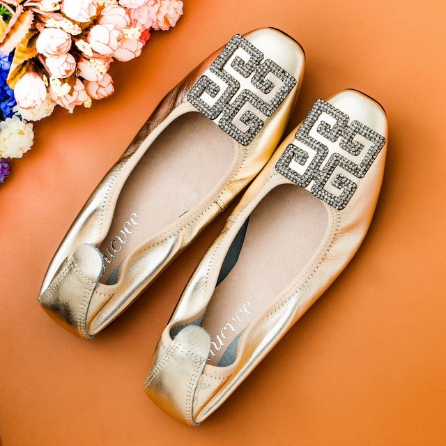 Płaskie buty damskie Slip-On na wiosnę i lato wykonane z prawdziwej skóry, z kwadratowym noskiem i ozdobnymi koralikami (Drop-shipping) - Wianko - 23