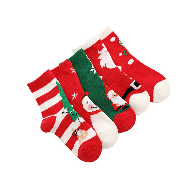 Skarpety świąteczne dla dzieci (5 par) - wzory śnieżynek, jeleni, świętego Mikołaja, chłopców i dziewczynek - Wianko - 7