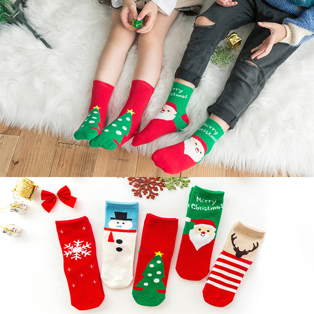 Skarpety świąteczne dla dzieci (5 par) - wzory śnieżynek, jeleni, świętego Mikołaja, chłopców i dziewczynek - Wianko - 6