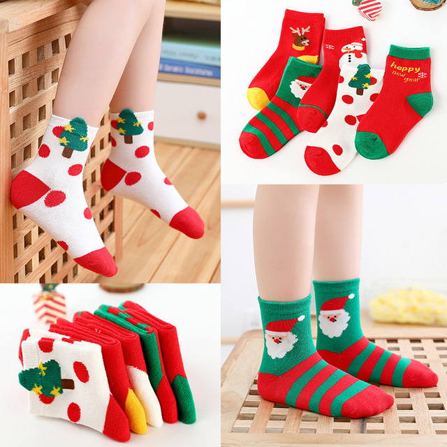Skarpety świąteczne dla dzieci (5 par) - wzory śnieżynek, jeleni, świętego Mikołaja, chłopców i dziewczynek - Wianko - 2