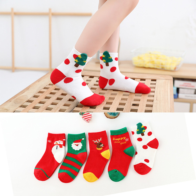 Skarpety świąteczne dla dzieci (5 par) - wzory śnieżynek, jeleni, świętego Mikołaja, chłopców i dziewczynek - Wianko - 4