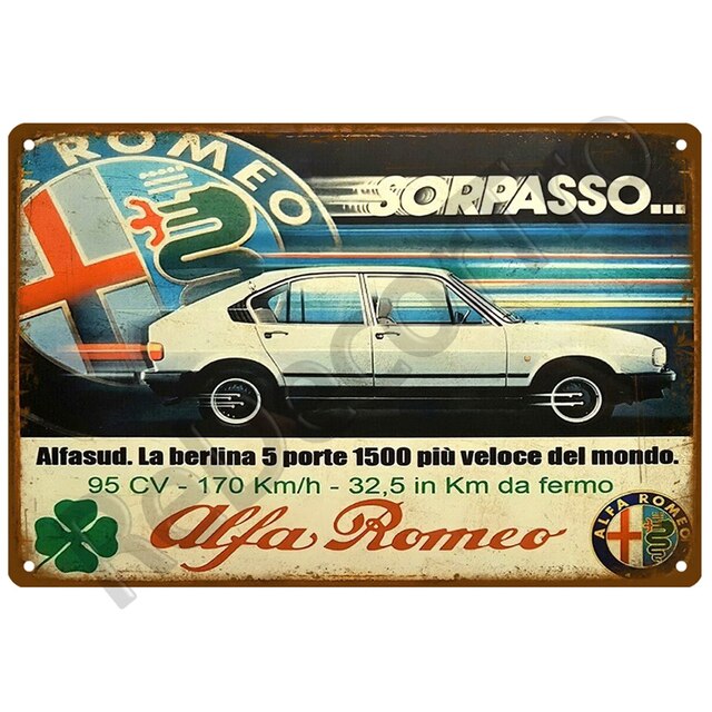 Dekoracyjny metalowy znak - Alfa Cars Retro, płyta w stylu Vintage, ozdoby ścienne, domek, pokój artystyczny - Wianko - 22