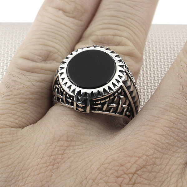 Mężczyźni pierścień czarny onyks 925 srebro - Wianko - 9
