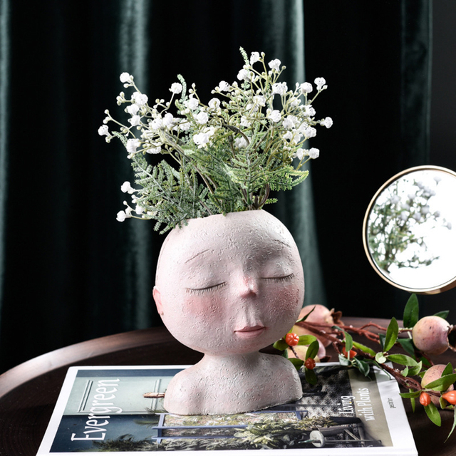 Kreatywny nordycki wazon z żywicą przedstawiający ludzką głowę z wzorem kwiatów - Wianko - 17