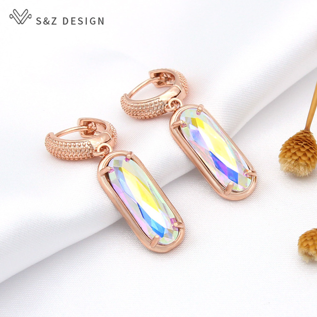 Kolczyki wiszące S & Z DESIGN luksusowe, owalne, w kształcie jajka z kryształkami w kolorze różowego złota, idealne na wesela i imprezy, biżuteria prezent 585 - Wianko - 2