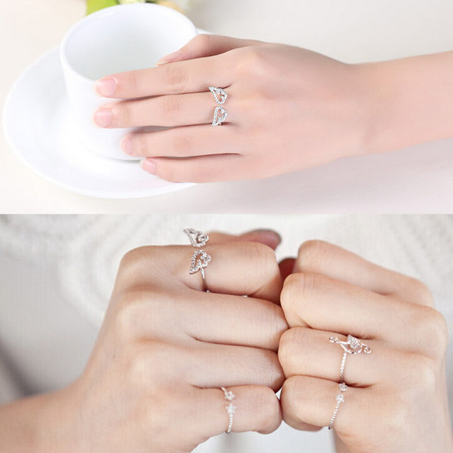 Pierścień regulowany z rhinestone w koreańskim stylu z motywem aniołowych skrzydeł - srebrny kolor, idealny prezent na urodziny dla kobiet - Wianko - 147