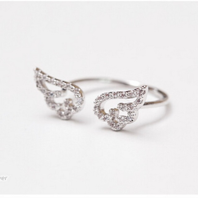 Pierścień regulowany z rhinestone w koreańskim stylu z motywem aniołowych skrzydeł - srebrny kolor, idealny prezent na urodziny dla kobiet - Wianko - 150