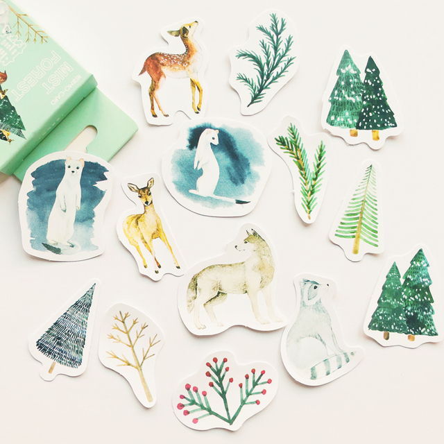 45 sztuk naklejek z motywem zimowego lasu z jeleniem i niedźwiedziem, idealne do dekoracji notatników i pamiętników - Wianko - 3