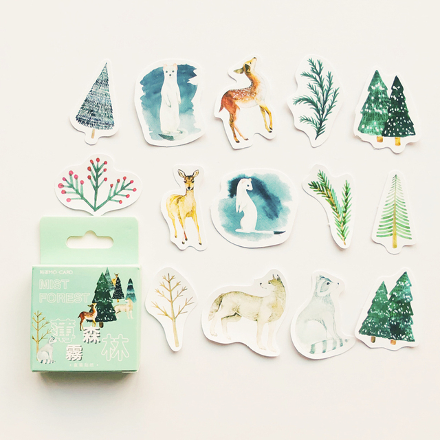 45 sztuk naklejek z motywem zimowego lasu z jeleniem i niedźwiedziem, idealne do dekoracji notatników i pamiętników - Wianko - 2