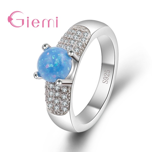 Pierścień ze srebrnym ustawieniem 925 Sterling Silver z niebieskim opalem - idealny prezent dla mamy i kobiet na ślub - Wianko - 2