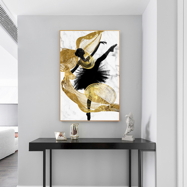 Czarno-biały plakat malarstwo balet Streszczenie złoty taniec na płótnie do salonu - Wianko - 4
