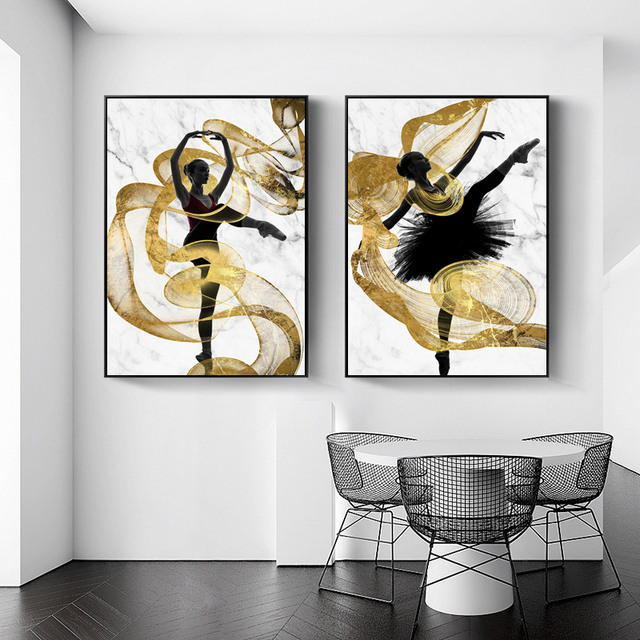 Czarno-biały plakat malarstwo balet Streszczenie złoty taniec na płótnie do salonu - Wianko - 1