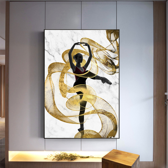 Czarno-biały plakat malarstwo balet Streszczenie złoty taniec na płótnie do salonu - Wianko - 5
