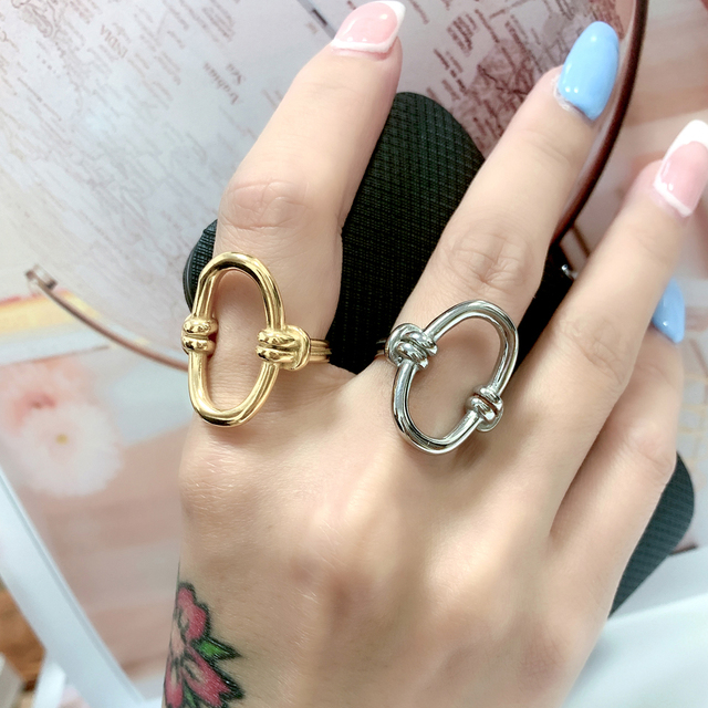 Nowy pierścionek ze stali nierdzewnej w złotym kolorze, wysokiej jakości, owalny i wydrążony, dla kobiet, w modnym stylu, idealny na prezent - Wianko - 7