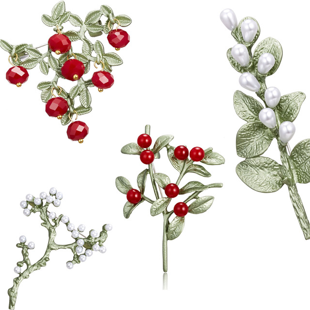Elegancka broszka Retro ze zielonym liściem, metalowa szpilka, biała czerwona perła, kryształowy kwiat - Wianko - 100