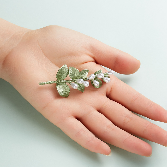 Elegancka broszka Retro ze zielonym liściem, metalowa szpilka, biała czerwona perła, kryształowy kwiat - Wianko - 87