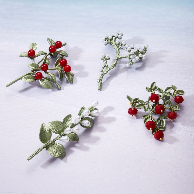 Elegancka broszka Retro ze zielonym liściem, metalowa szpilka, biała czerwona perła, kryształowy kwiat - Wianko - 103