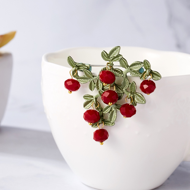 Elegancka broszka Retro ze zielonym liściem, metalowa szpilka, biała czerwona perła, kryształowy kwiat - Wianko - 97