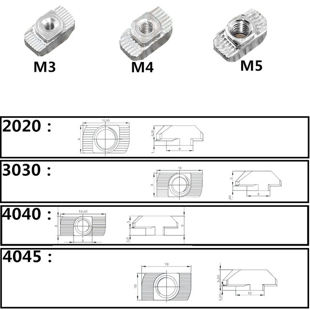 Nakrętka młotkowa aluminiowa 2020 serii 20 do listwa wytłaczana, M3/M4/M5 100 sztuk, nikiel, rowek 6mm - Wianko - 4