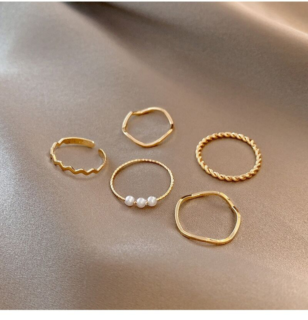 Pierścionki perła proste Dainty Twist - zestaw 5 nowych modnych minimalistycznych pierścionków dla kobiet i dziewcząt - Wianko - 7