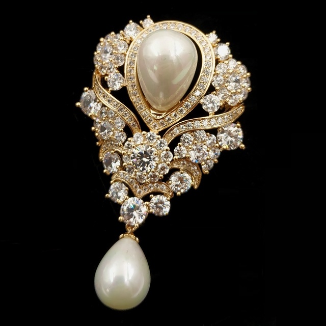Vintage broszka ślubna w stylu wiktoriańskim z wstążką, perłą i kamieniami błyskowymi - złoty kolor - Wianko - 2
