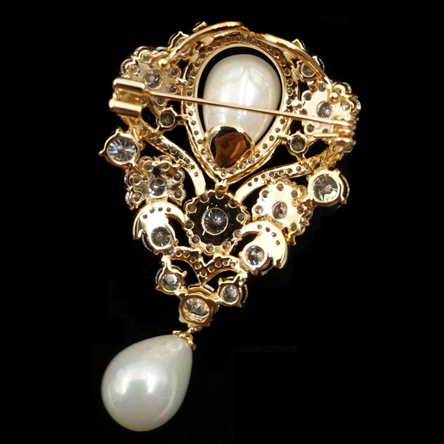 Vintage broszka ślubna w stylu wiktoriańskim z wstążką, perłą i kamieniami błyskowymi - złoty kolor - Wianko - 7