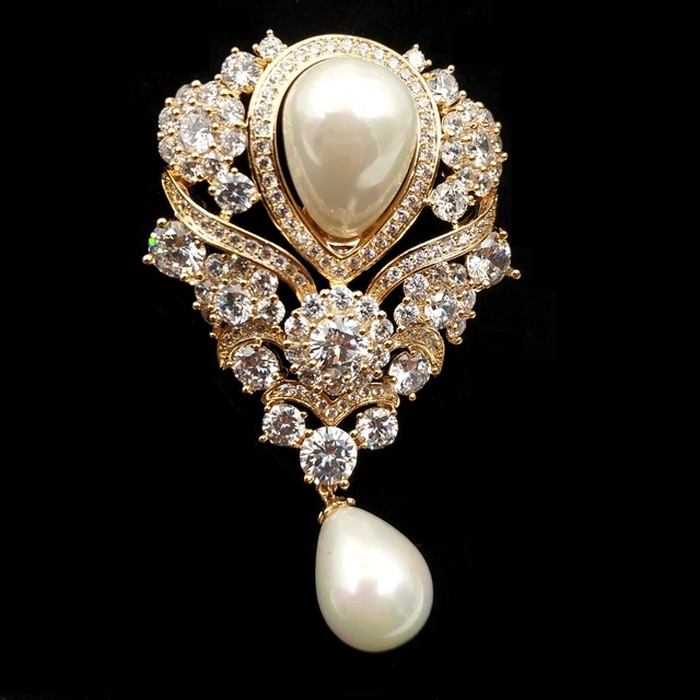 Vintage broszka ślubna w stylu wiktoriańskim z wstążką, perłą i kamieniami błyskowymi - złoty kolor - Wianko - 6