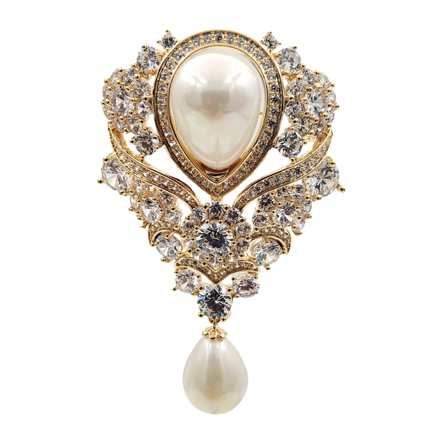 Vintage broszka ślubna w stylu wiktoriańskim z wstążką, perłą i kamieniami błyskowymi - złoty kolor - Wianko - 1