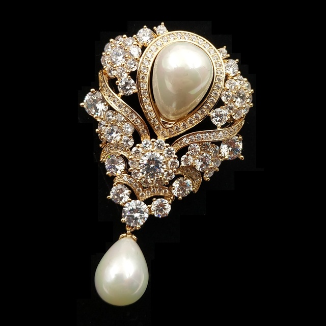 Vintage broszka ślubna w stylu wiktoriańskim z wstążką, perłą i kamieniami błyskowymi - złoty kolor - Wianko - 4
