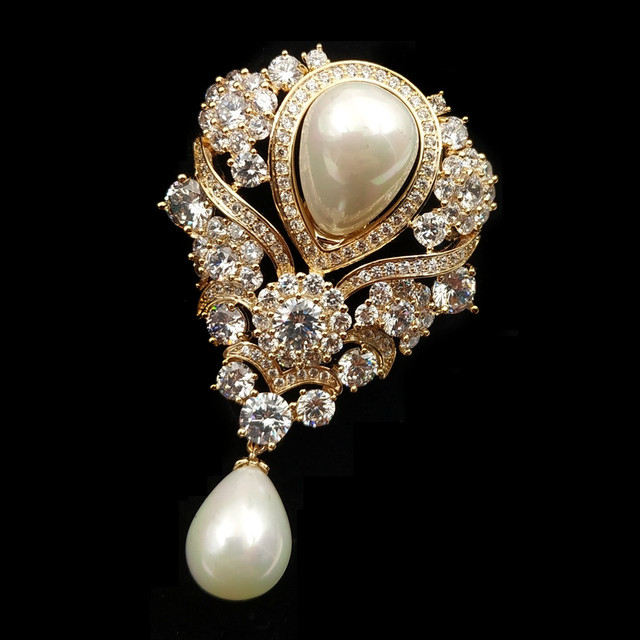 Vintage broszka ślubna w stylu wiktoriańskim z wstążką, perłą i kamieniami błyskowymi - złoty kolor - Wianko - 5