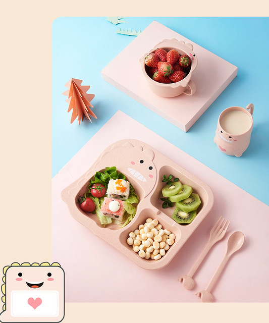 Zestaw obiadowy dla dzieci Baby Cartoon Dinosaur zastawa stołowa - szkoleniowe naczynia do karmienia dzieci, pszenica słoma płyta - Wianko - 12