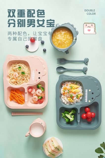 Zestaw obiadowy dla dzieci Baby Cartoon Dinosaur zastawa stołowa - szkoleniowe naczynia do karmienia dzieci, pszenica słoma płyta - Wianko - 7