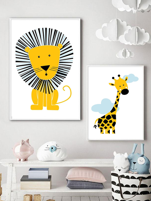 Malarstwo na płótnie dla dzieci: Cartoon plakaty zwierząt - żółty lew i żyrafa jako urocza dekoracja do pokoju przedszkolnego - Wianko - 4