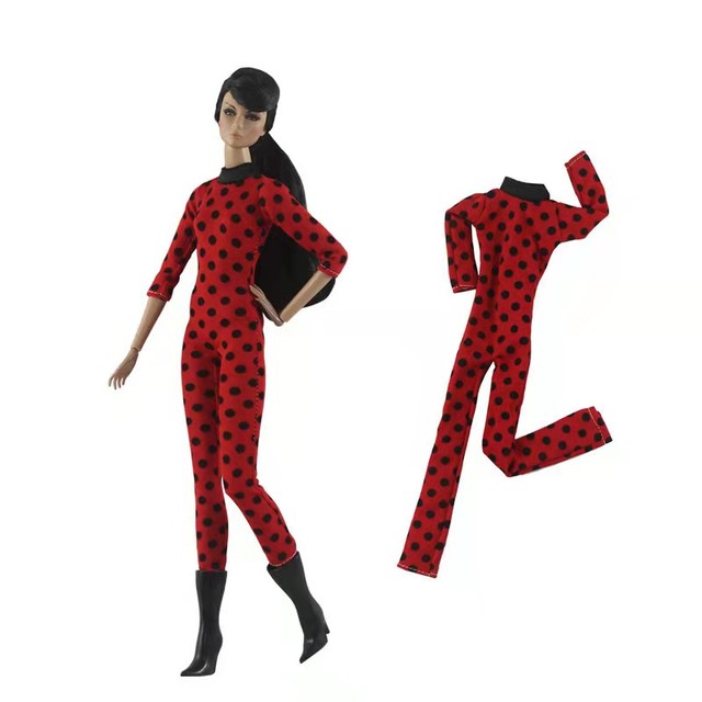 Kombinezon dla lalki Barbie w kolorze czarno-czerwonym z kropkami i długimi rękawami - Wianko - 1