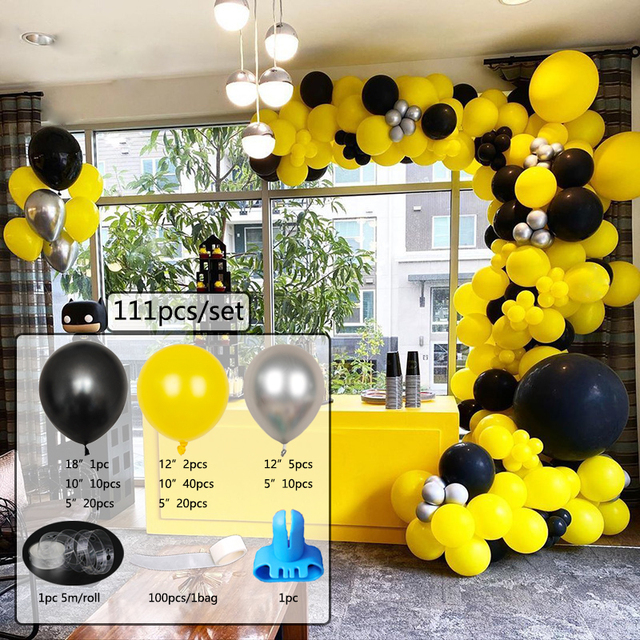 Zestaw 111 żółtych i czarnych balonów lateksowych z elementami metalicznymi do dekoracji weselnych - Wianko - 2