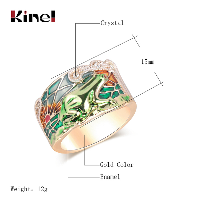 Pierścień biżuteryjny żabka złotego koloru z zieloną emalią i kryształem, szeroki i modny, idealny na przyjęcia. Nowość 2019 - Wianko - 2