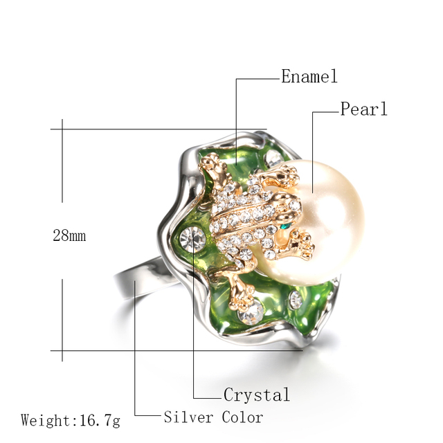 Pierścień biżuteryjny żabka złotego koloru z zieloną emalią i kryształem, szeroki i modny, idealny na przyjęcia. Nowość 2019 - Wianko - 5