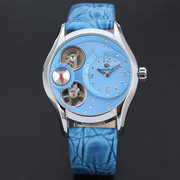 Zegarek damski FORSINING automatyczny, wysokiej jakości, niebieska skórzana bransoleta, projekt ze szkieletem z diamentami, mechaniczny - Wianko - 7